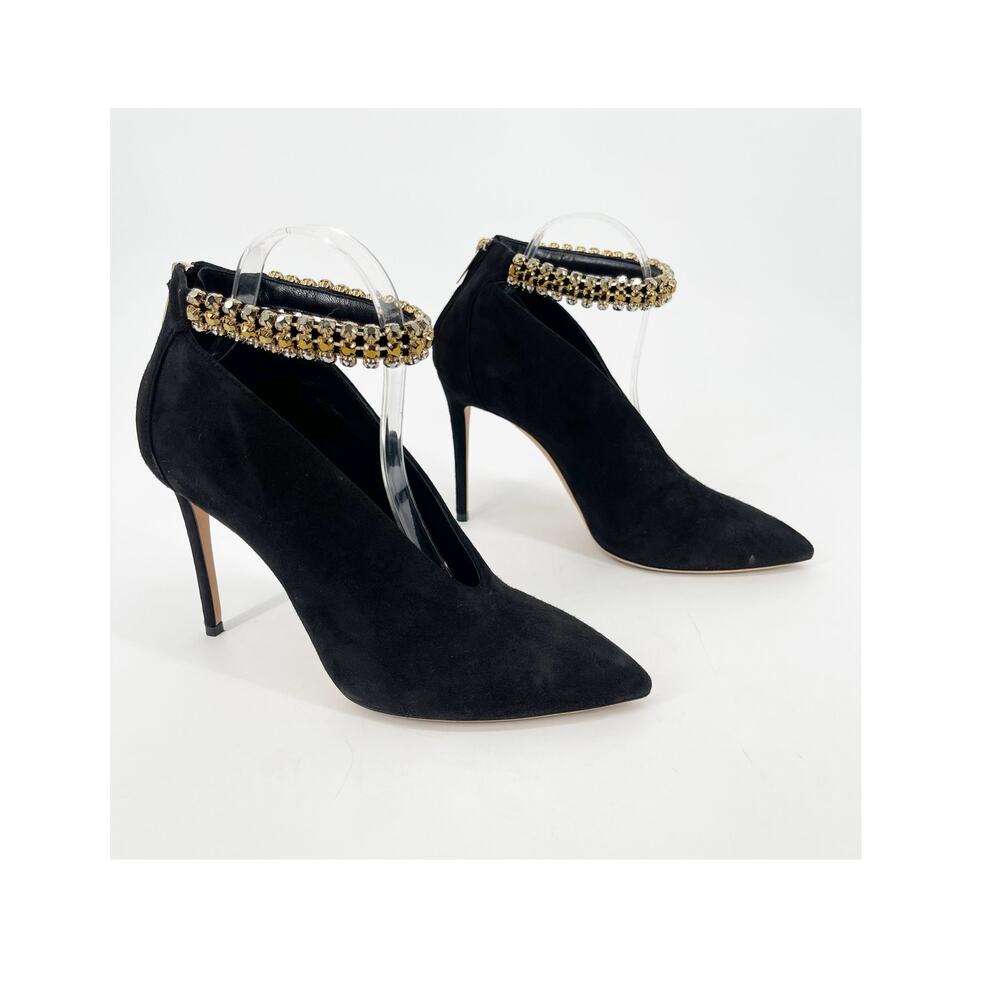 Jimmy Choo Lux 100 Black Suede Gold Crystal Ankle Strap Vamp Bootie Heels IT 40